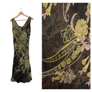 NWT Sheer Chiffon Paisley Floral Print Black Green Midi Slip Dress Fairy MEDIUM